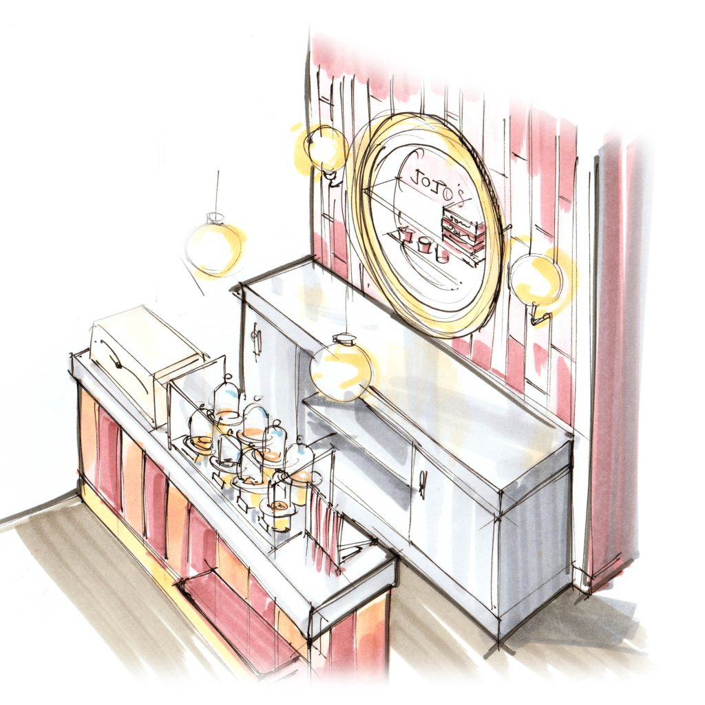 Dessin retail design boutique jojos dough en détail